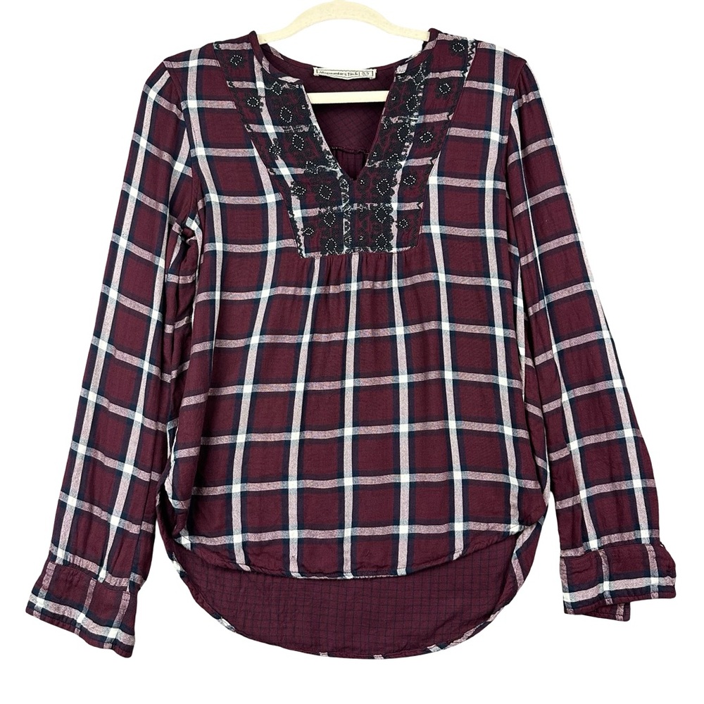 Abercrombie & Fitch Burgundy Plaid Embroidered V-Neck Long Sleeve Blouse XS